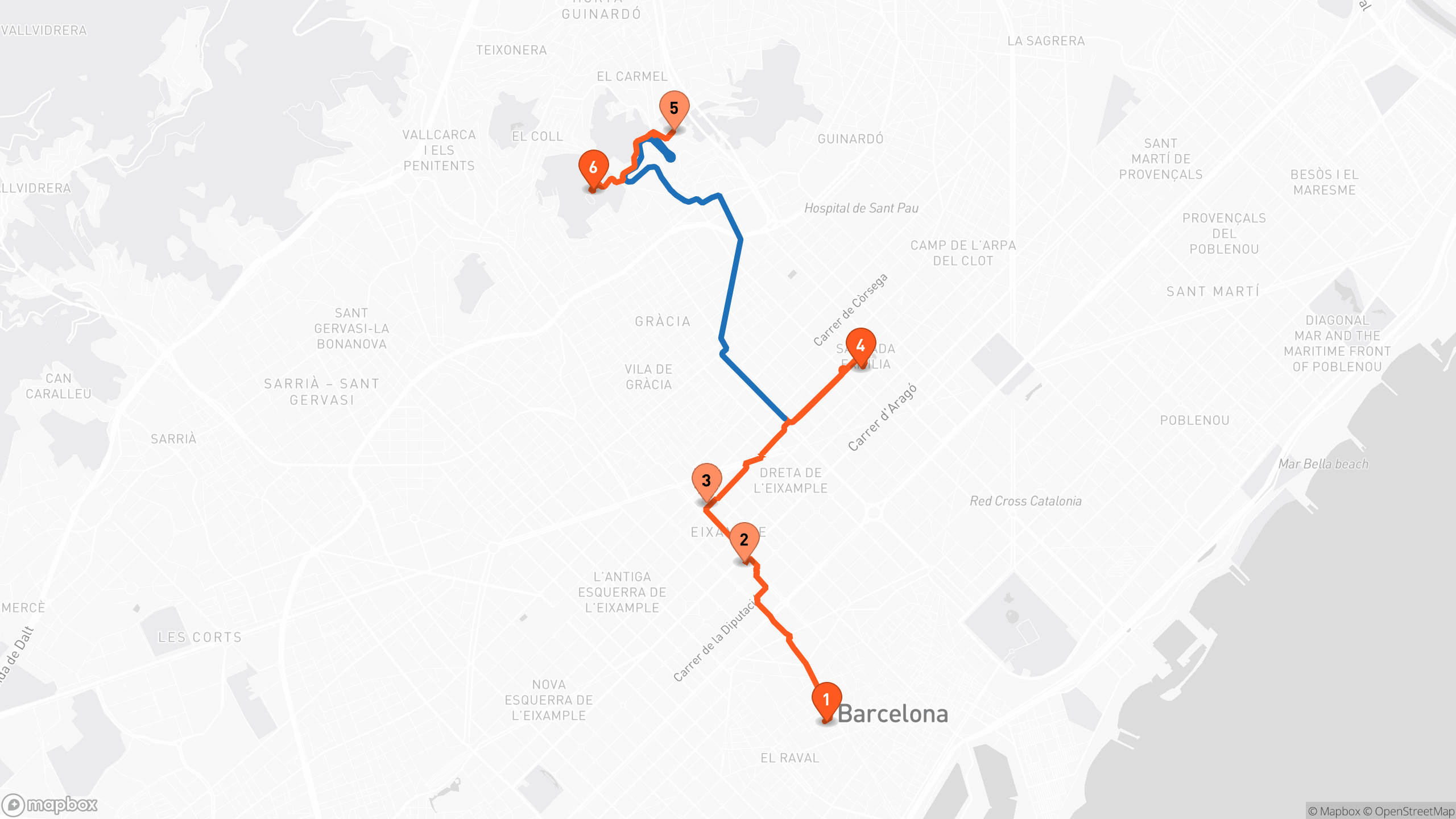 A day in Barcelona planned by Saunt: five numbered saved places routed from La Boqueria up to Park Güell, walking legs through the old town and a metro leg north, with Bunkers del Carmel suggested nearby
